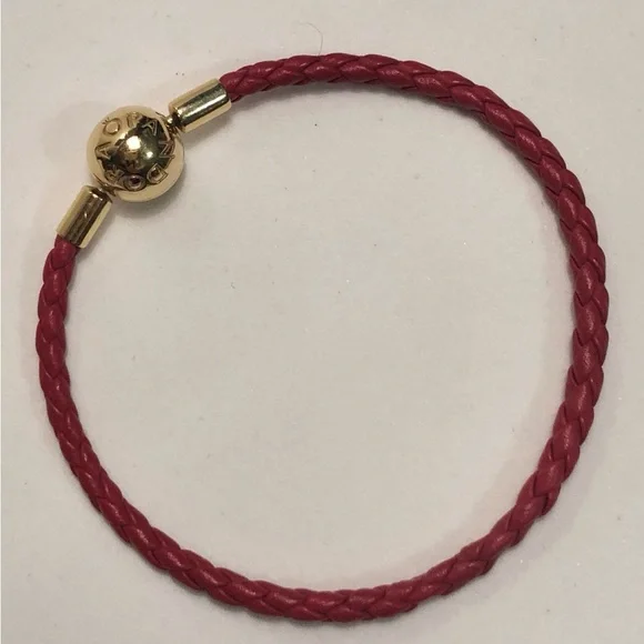 🌹🍃New Authentic Pandora Red Woven Leather 18k Gold Shine Round Clasp Bracelet🍃🌹 - Picture 4 of 9
